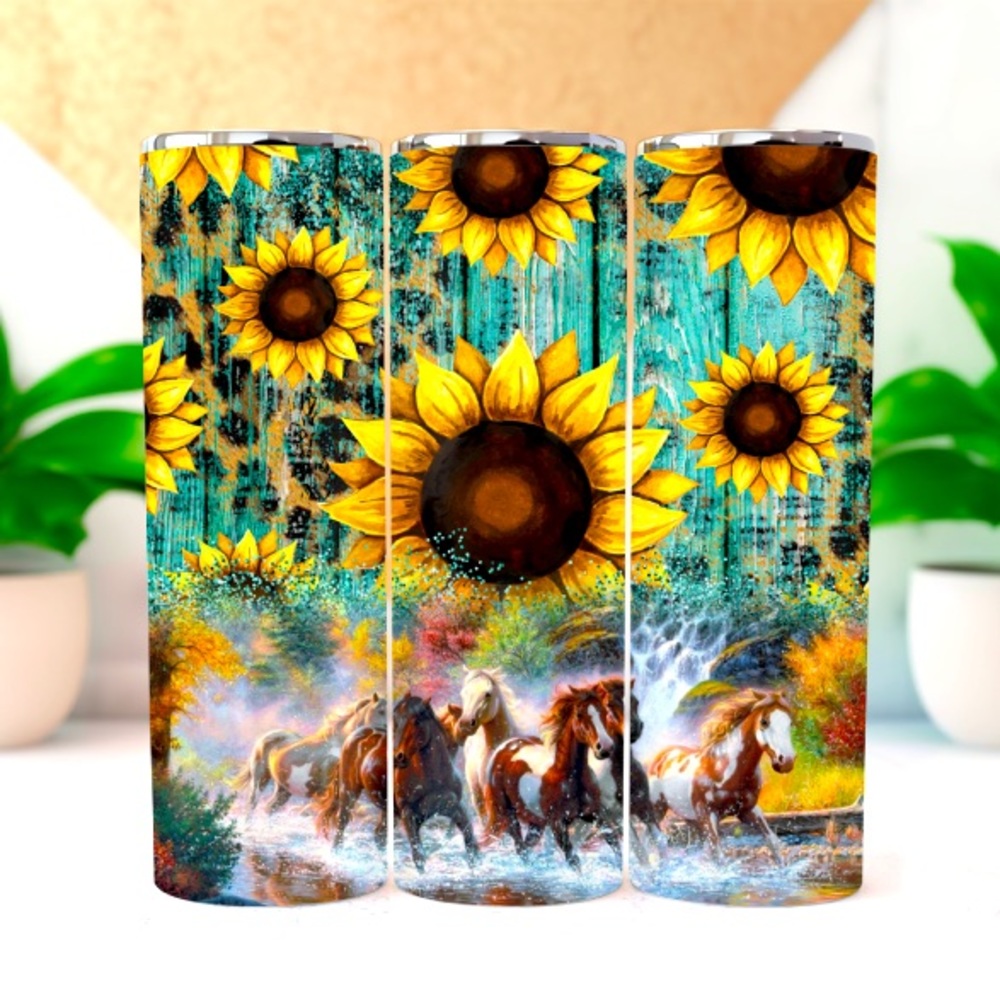 Sunflower and Horses 20oz Custom Tumbler with Slide Lid & Plastic Straw